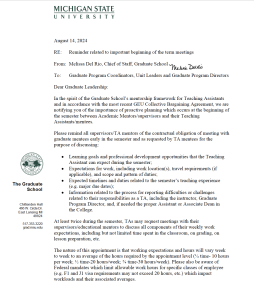 screen shot of letter to faculty supervising GEU